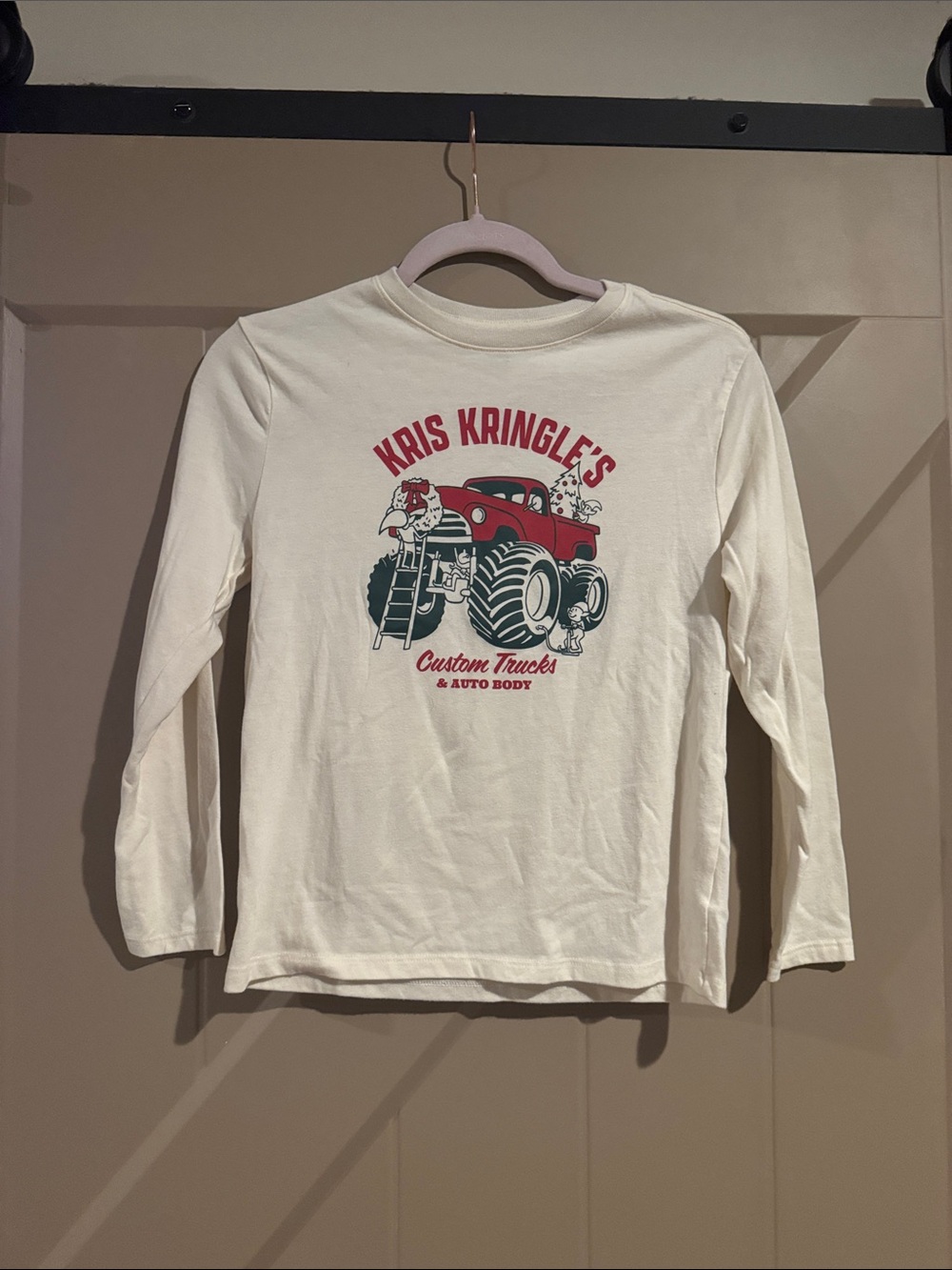 Holiday Time Cream Long-Sleeve Tee with Red Truck Graphic